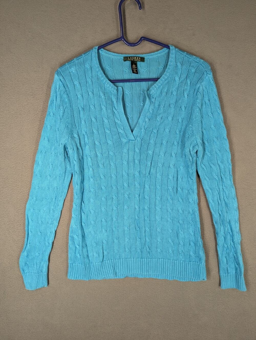 Ralph Lauren Sweater Large Blue Silky Cable V-Neck Cotton Blend